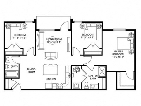 Floor plan for 3 beds, 2 baths, 1145 sqft